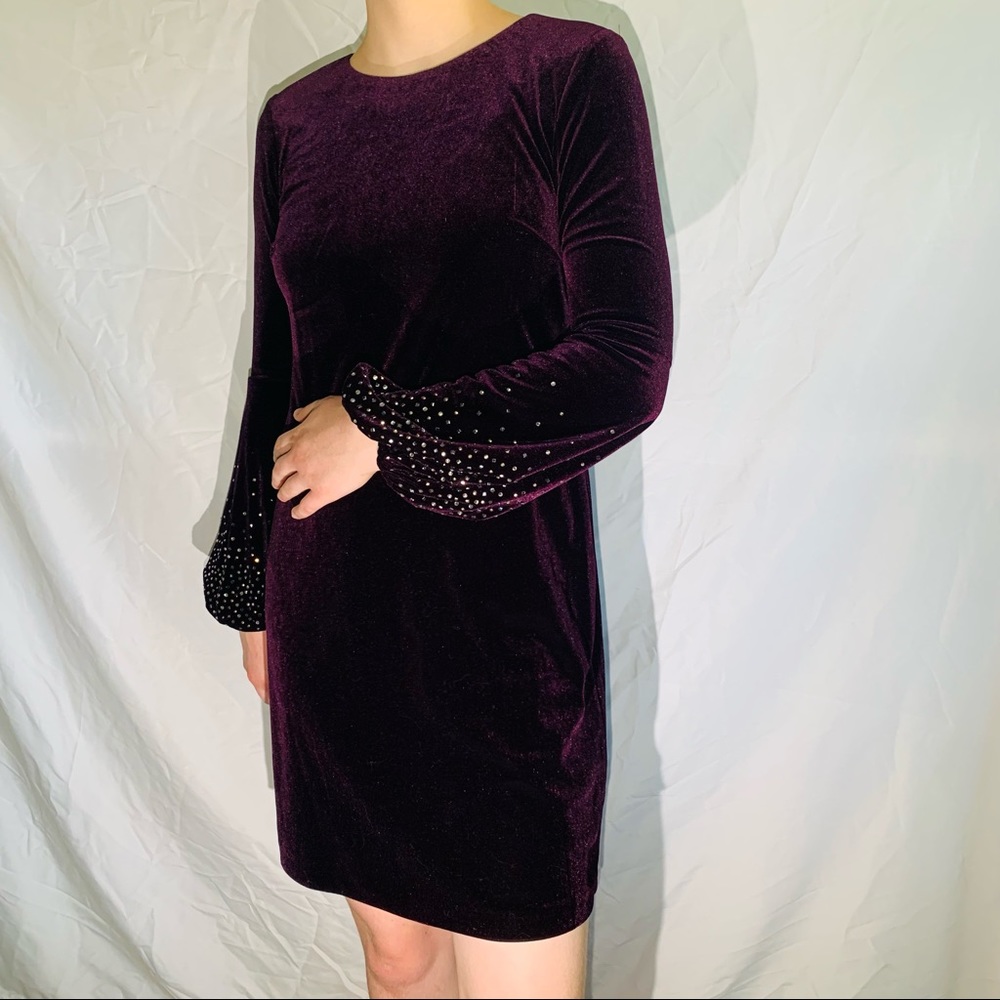 Calvin Klein Cocktail Dress Velvet Rhinestone Bishop Sleeved Plum Purple…